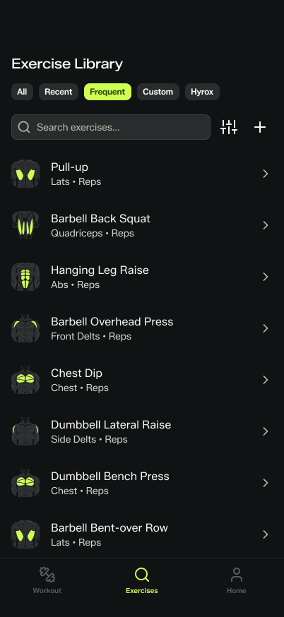 Exercise library screen in the Gymrapp app