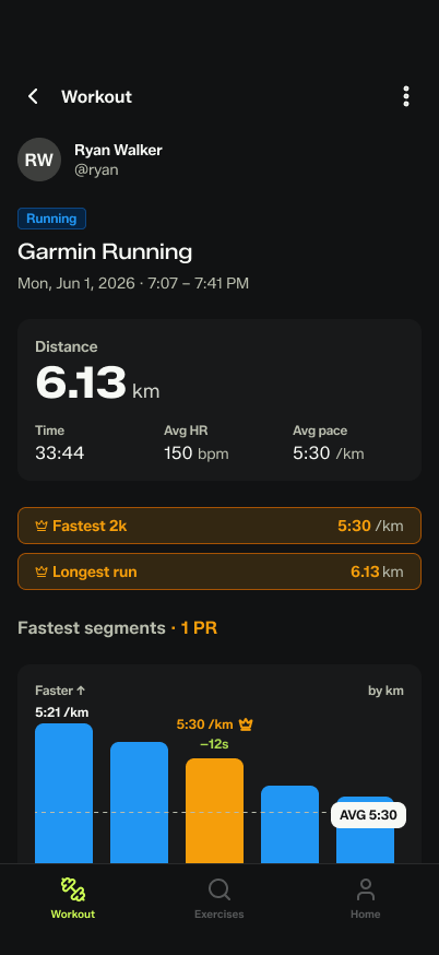 Running summary screen in the Gymrapp app